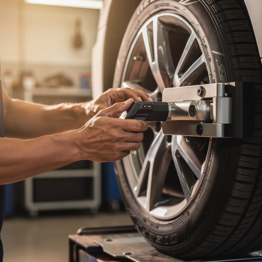 El Guero's Tire Shop technician performing precision wheel alignment in Phoenix for improved vehicle safety and performance